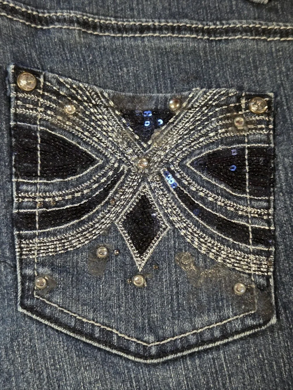Roz & Ali Rhinestone/sequin Blue Embellished Pocket Jeans